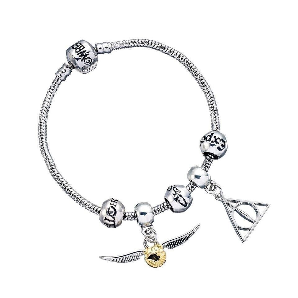 Ensemble de breloques Harry Potter - Bracelet plaqué argent avec reliques de la mort, Vif d'or, 3 perles de sort