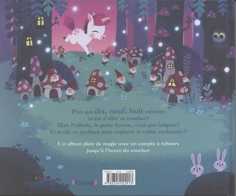 Page intérieure du livre « Au lit, petite licorne ! » par AU BORD DES CONTINENTS, montrant des illustrations vibrantes dans une vallée magique.