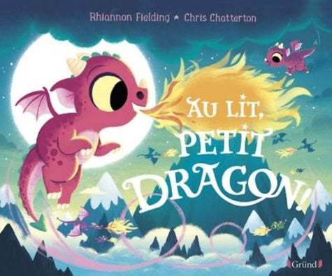 Illustration captivante du livre 'Au lit, petit dragon !' par AU BORD DES CONTINENTS, mettant en scène les petits dragons Flamme et Flammèche prêts pour une aventure nocturne.