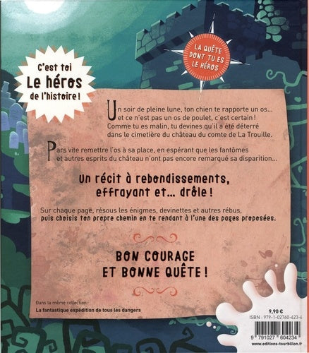 Couverture de 'Le château du comte de La Trouille', un livre d'aventure interactif d'AU BORD DES CONTINENTS, invitant les enfants à résoudre des énigmes et à découvrir des secrets.