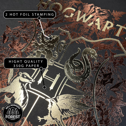 Détails de l'affiche de collection Poudlard - Harry Potter, mettant en avant le marquage à chaud par pression pour une finition raffinée.