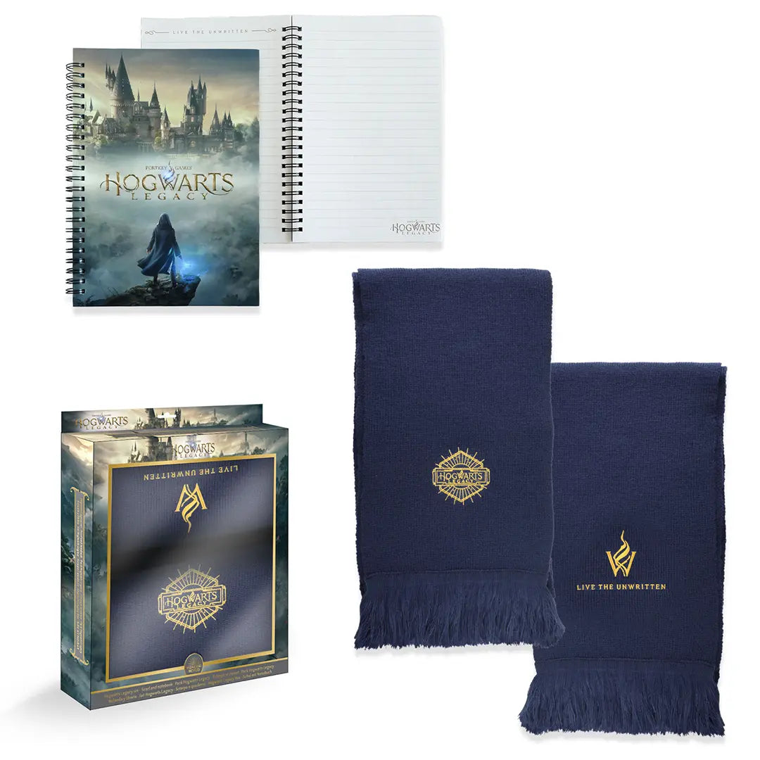 Pack Hogwarts Legacy - Écharpe et carnet : ensemble exclusif pour les fans de Harry Potter, comprenant une écharpe en acrylique aux couleurs de Hogwarts et un carnet à spirales pour capturer votre créativité.