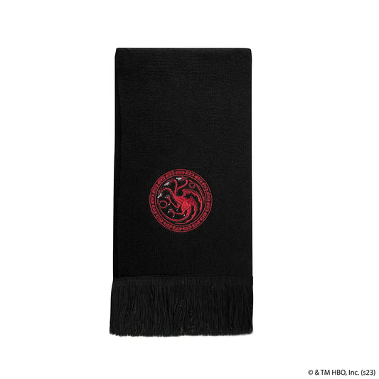 Détails de l'Écharpe blason Targaryen - Game of Thrones, révélant la qualité du tissu et le blason majestueux des Targaryens.
