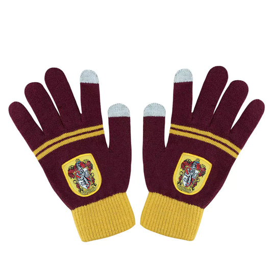 Gants tactiles Gryffondor pourpre et or Harry Potter montrant le design élégant avec l'écusson emblématique de Gryffondor.