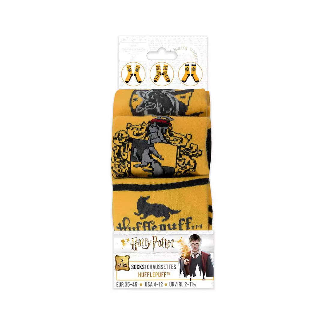 Chaussettes Poufsouffle, collection Harry Potter, avec des couleurs emblématiques noir et jaune, idéales pour le confort quotidien des fans de la saga.