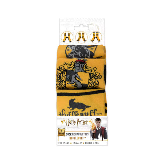 Chaussettes Poufsouffle, collection Harry Potter, avec des couleurs emblématiques noir et jaune, idéales pour le confort quotidien des fans de la saga.