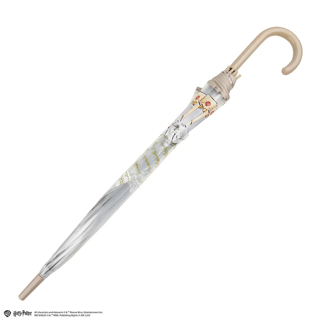 Détails du parapluie transparent Hedwige Harry Potter, révélant son design sophistiqué et ses matériaux de qualité.