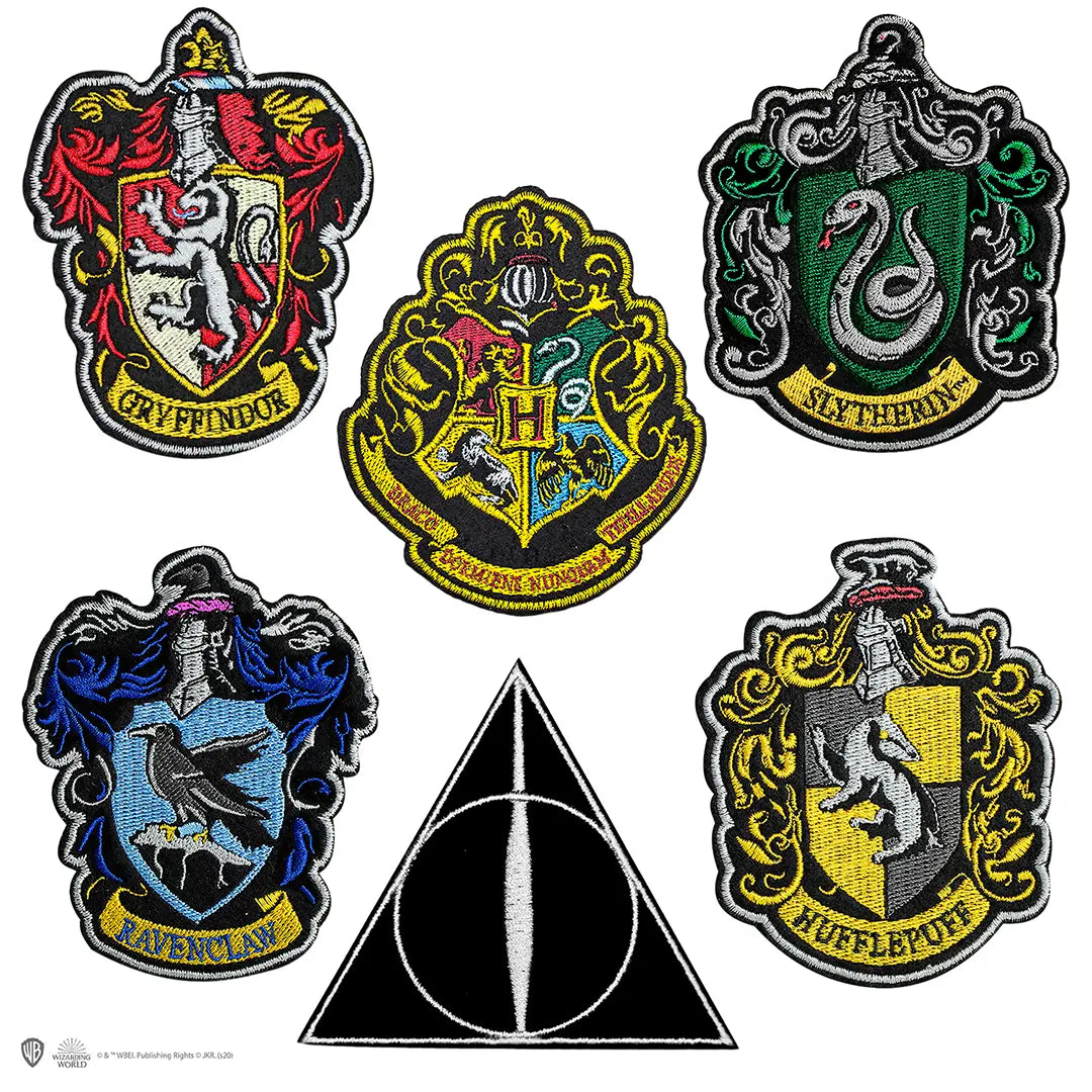 Ecussons Harry Potter édition Deluxe - lot de 6, affiche les Reliques de la Mort et le logo de Poudlard, parfaits pour exprimer votre passion pour l'univers magique