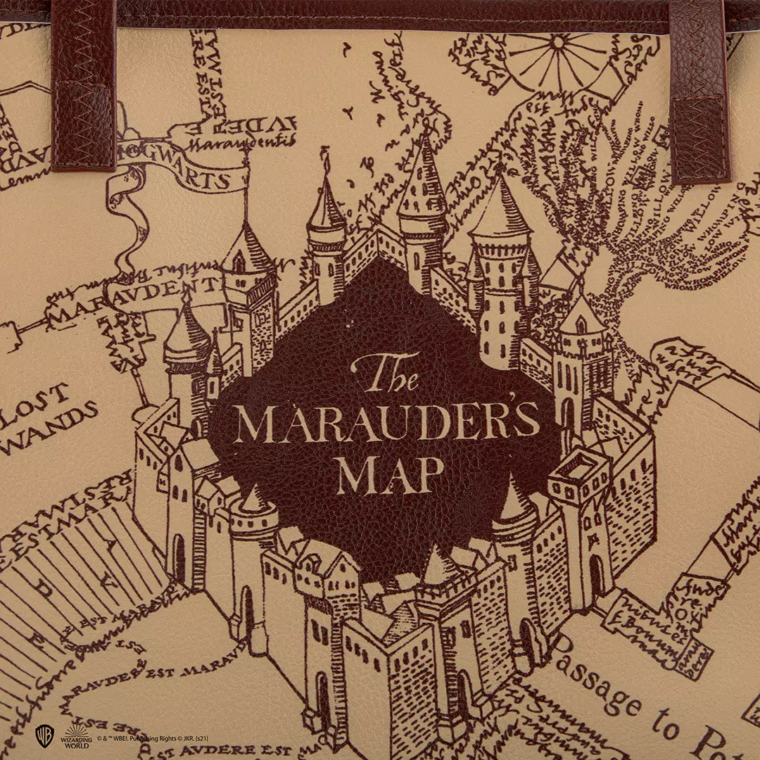 Vue du sac cabas Carte du Maraudeur - Harry Potter avec sa pochette amovible, idéal pour l’organisation de petits objets.