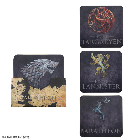 Sous-verres Maisons de Westeros inspirés de Game of Thrones, design captivant avec motifs des maisons Stark et Lannister.
