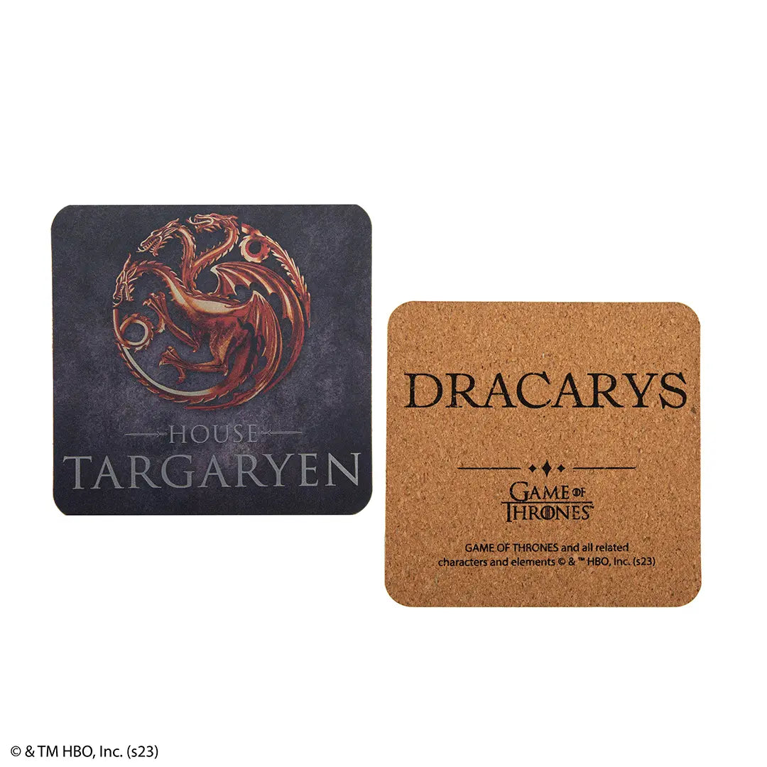 Détail des sous-verres Maisons de Westeros de Game of Thrones, mettant en avant les emblèmes de Targaryen et Baratheon.