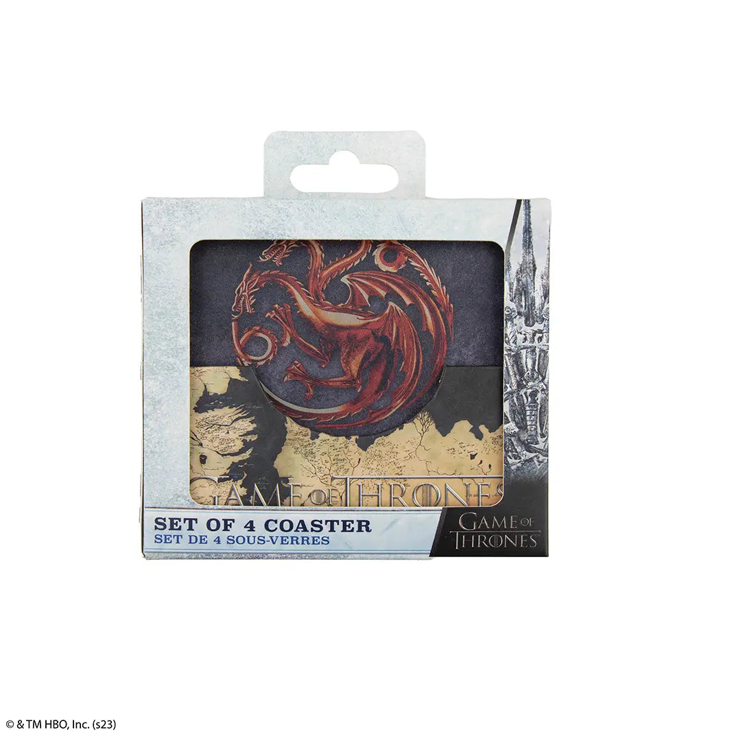 Lot de 4 sous-verres Maisons de Westeros, accessoire élégant pour fans de Game of Thrones, parfait pour toute soirée.