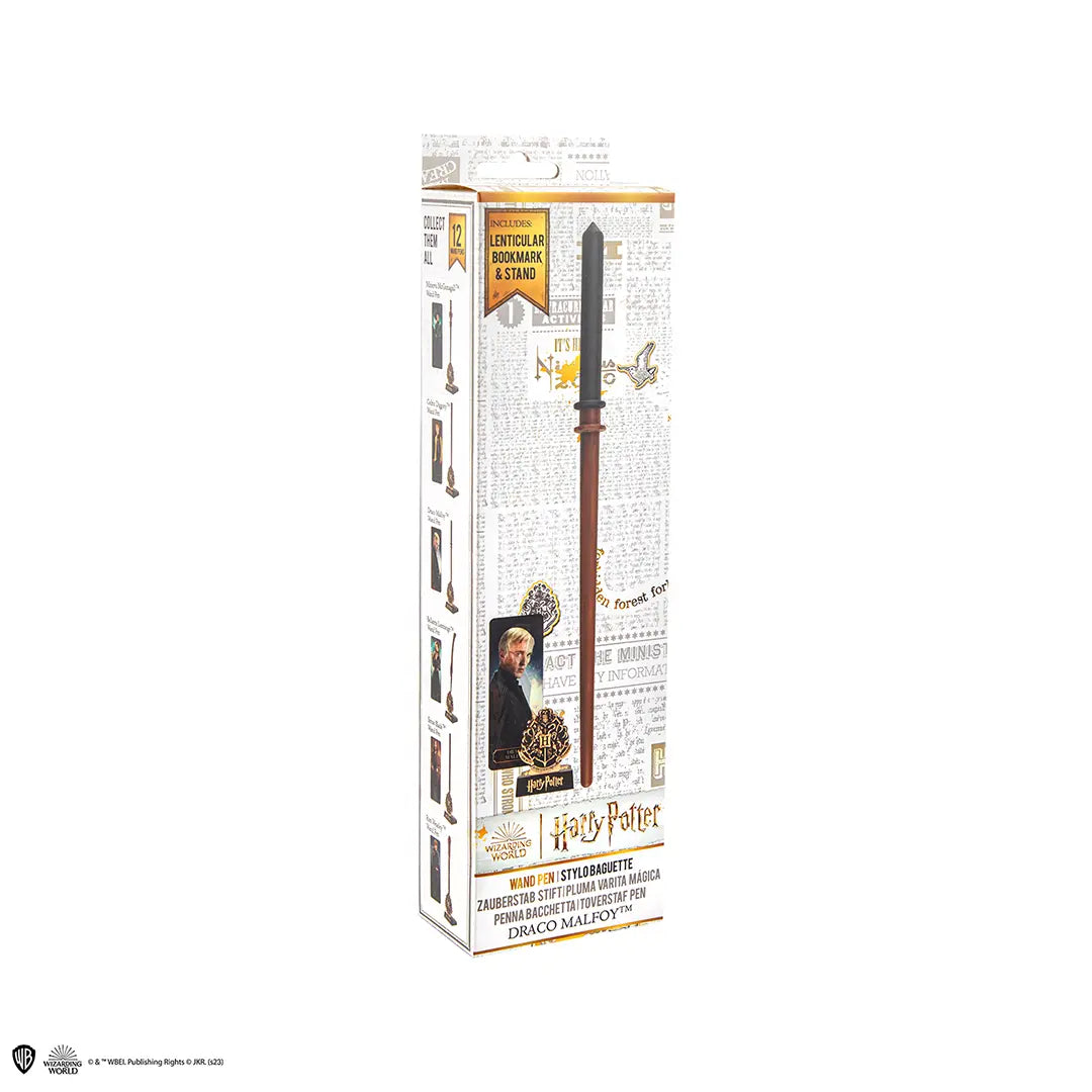 Stylo baguette Drago Malefoy - Harry Potter, accompagné d'un support élégant et d'un marque-page lenticulaire captivant pour une expérience de lecture immersive.