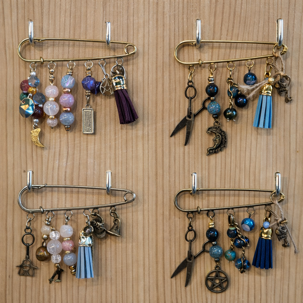 Grande broche artisanale lhanisacrea, mettant en valeur des pierres naturelles et un design mystérieux, idéale pour personnaliser vos tenues.