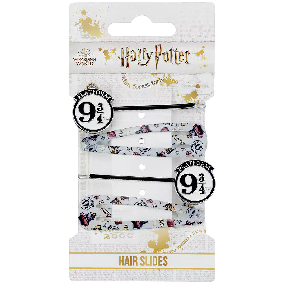 Ensemble de barrettes Plateforme 9 3/4 - Accessoires inspirés de Harry Potter pour une coiffure magique, comprenant 2 barrettes emblématiques et 2 barrettes au design du Poudlard Express.