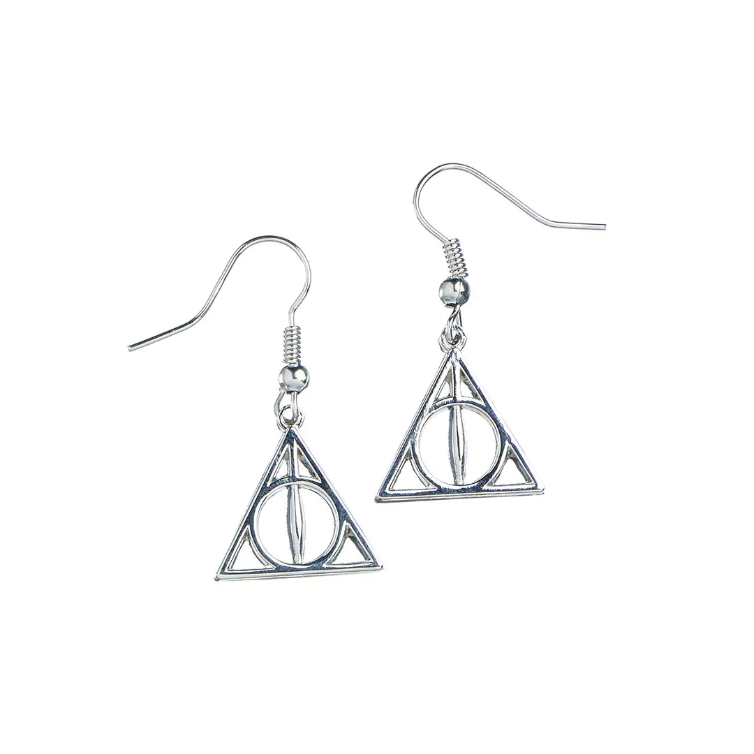 Boucles d’oreilles Reliques de la mort, accessoire mystérieux en alliage de zinc plaqué argent, au design unique inspiré du fantastique, parfait pour les fans d'aventure.