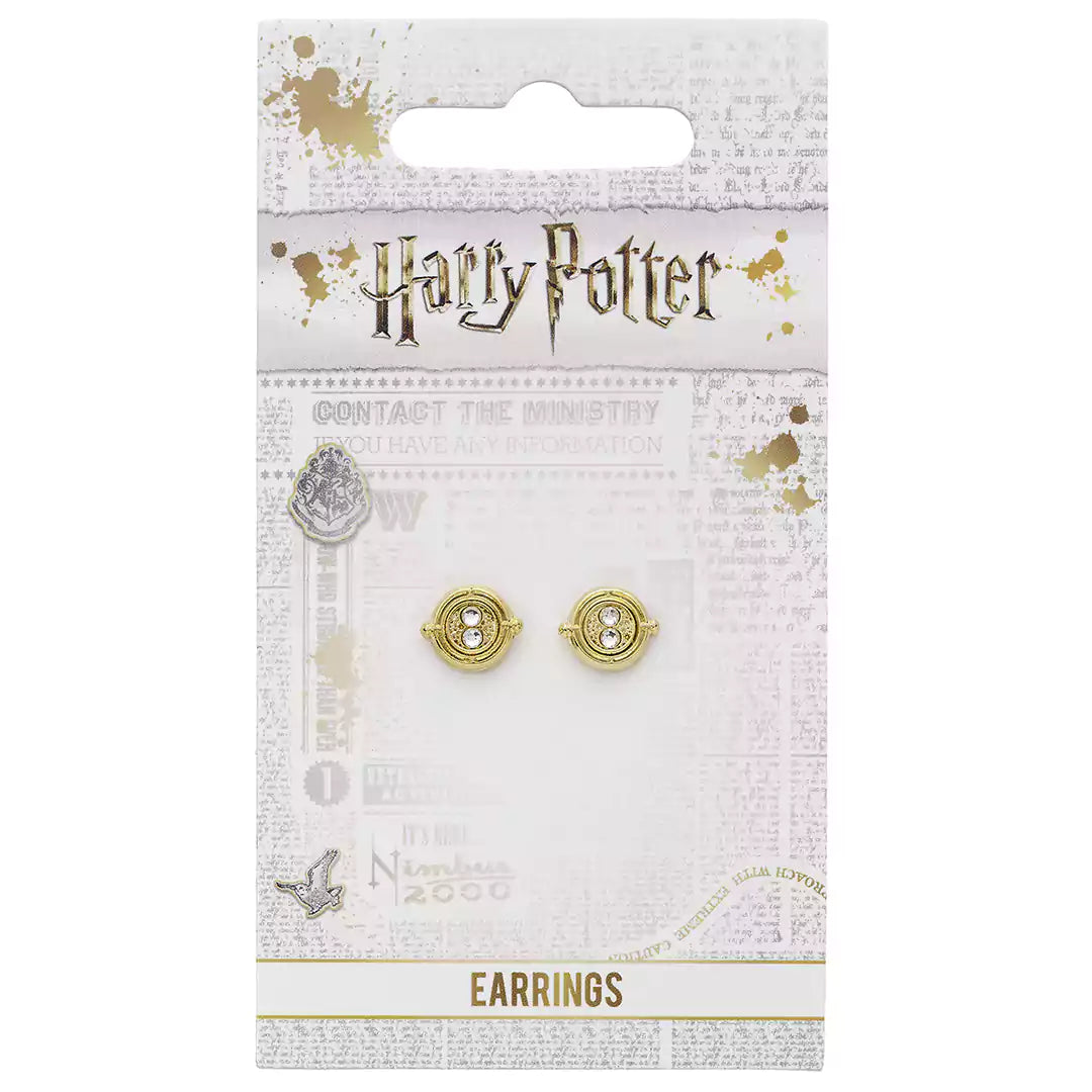 Boucles d’oreilles Retourneur de temps immobile - Harry Potter, présentées dans un écrin officiel au logo Warner Bros, idéales pour les fans et collectionneurs.