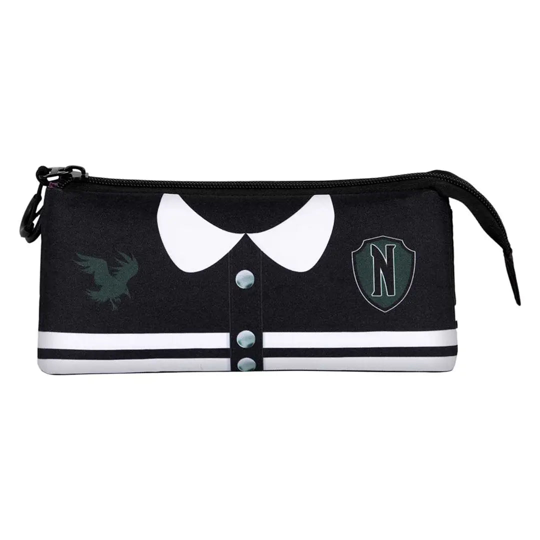 Détail de la trousse triple uniforme de Wednesday - Grande capacité de rangement pour stylos et accessoires, parfaite pour les fans.