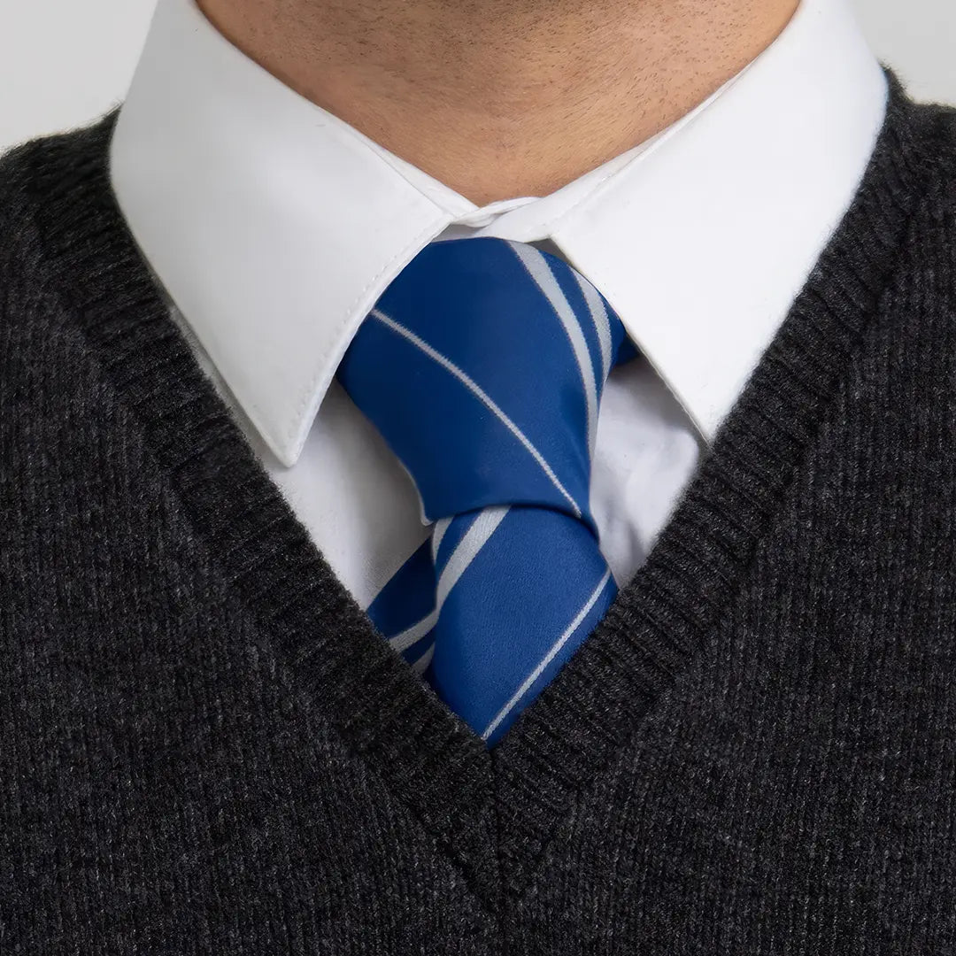 Cravate Serdaigle Harry Potter, fabriquée par Lochaven, représentant fièrement les couleurs de la maison Serdaigle.