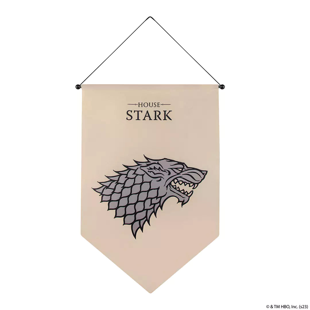 Bannière blason Stark - Game of Thrones, un symbole emblématique de loyauté et d'aventure dans l'univers fantastique de Westeros.