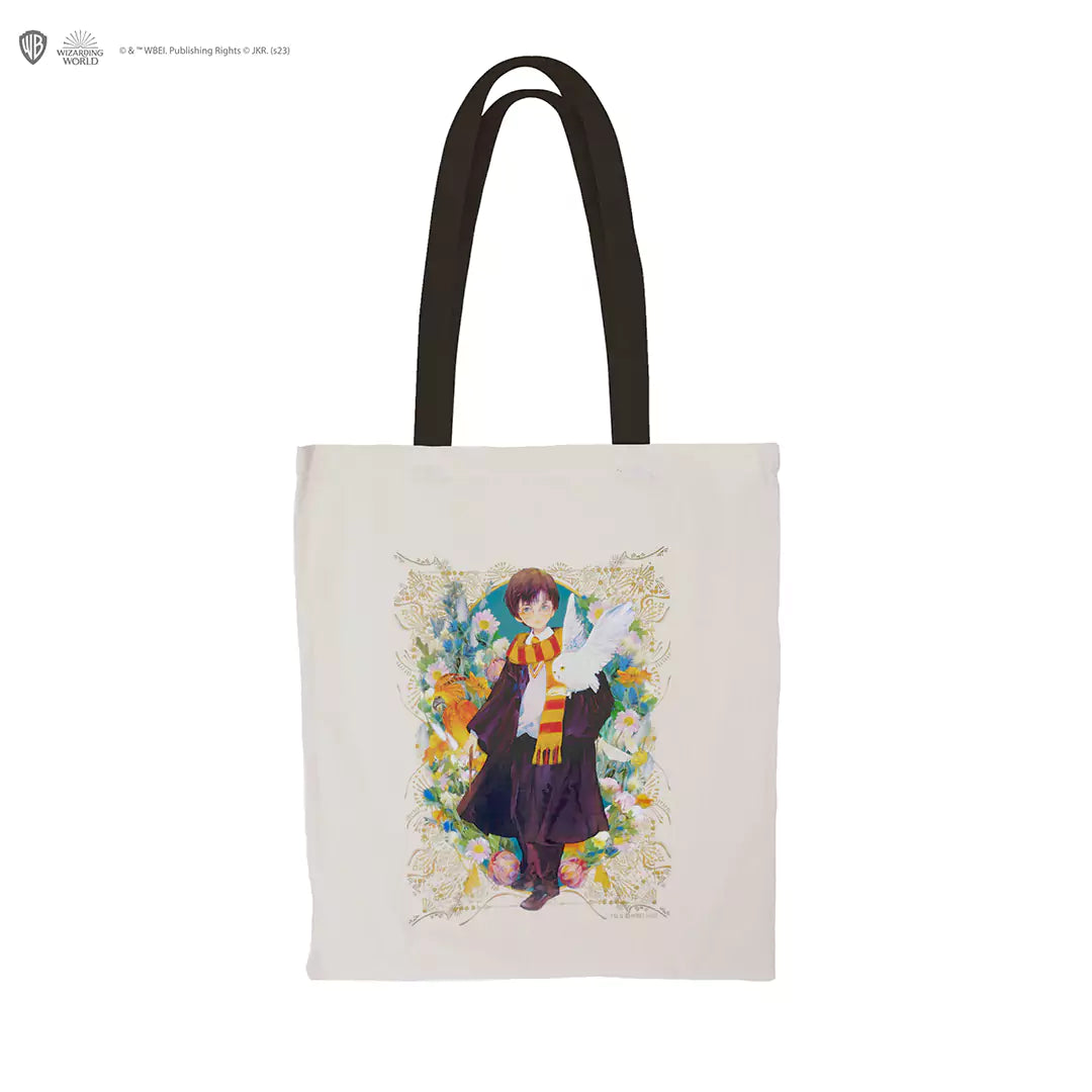 Tote Bag - Portrait de Harry Potter avec motifs uniques représentant le personnage emblématique de la saga, parfait pour les fans.