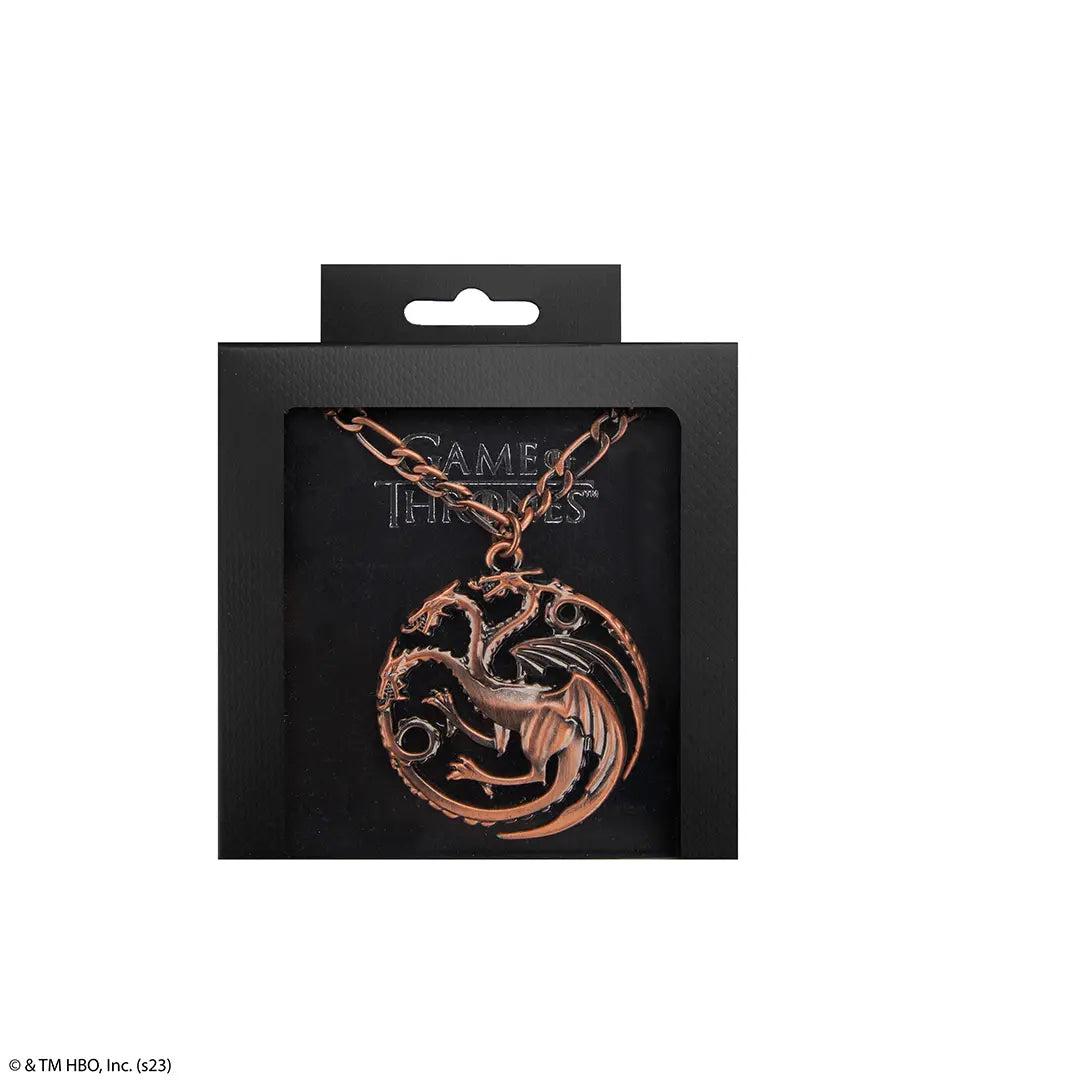 Collier blason Targaryen - Game of Thrones, mettant en avant le design raffiné du pendentif en alliage de zinc et la chaîne en fer robuste.