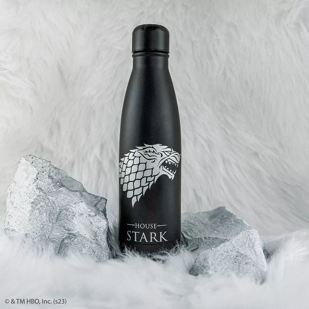 Bouteille isotherme 500ml Blason Stark de Game of Thrones montrant ses caractéristiques isolantes pour boissons chaudes et froides.