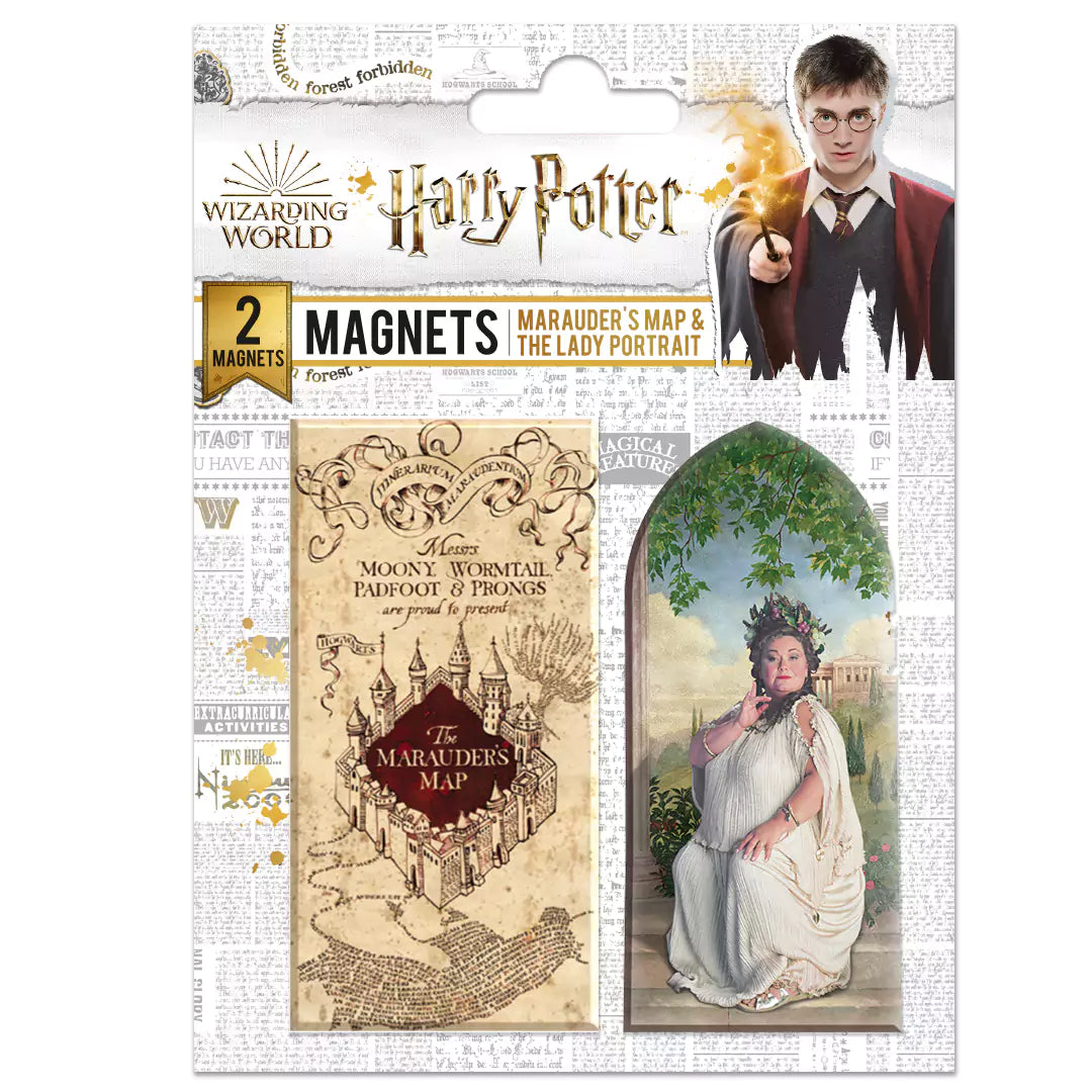 Set de 2 magnets Harry Potter - Illustration emblématique de la Carte du Maraudeur et la Dame du portrait.
