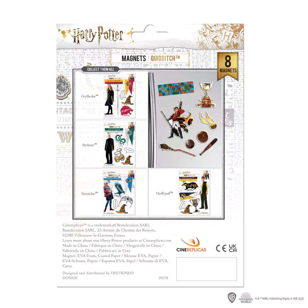 Planche de magnets en mousse - Quidditch - Harry Potter montrant les divers objets emblématiques du Quidditch, incluant le vif d'or, le souafle et le cognard.
