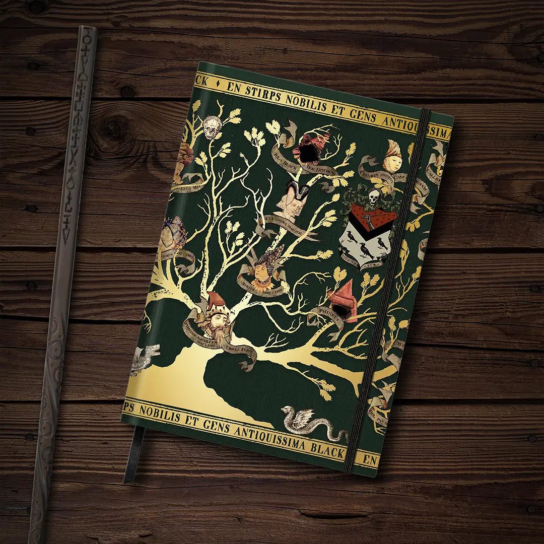 Détails du Carnet rigide Famille Black Harry Potter, affichant ses 160 pages blanches pour écrire ou dessiner.