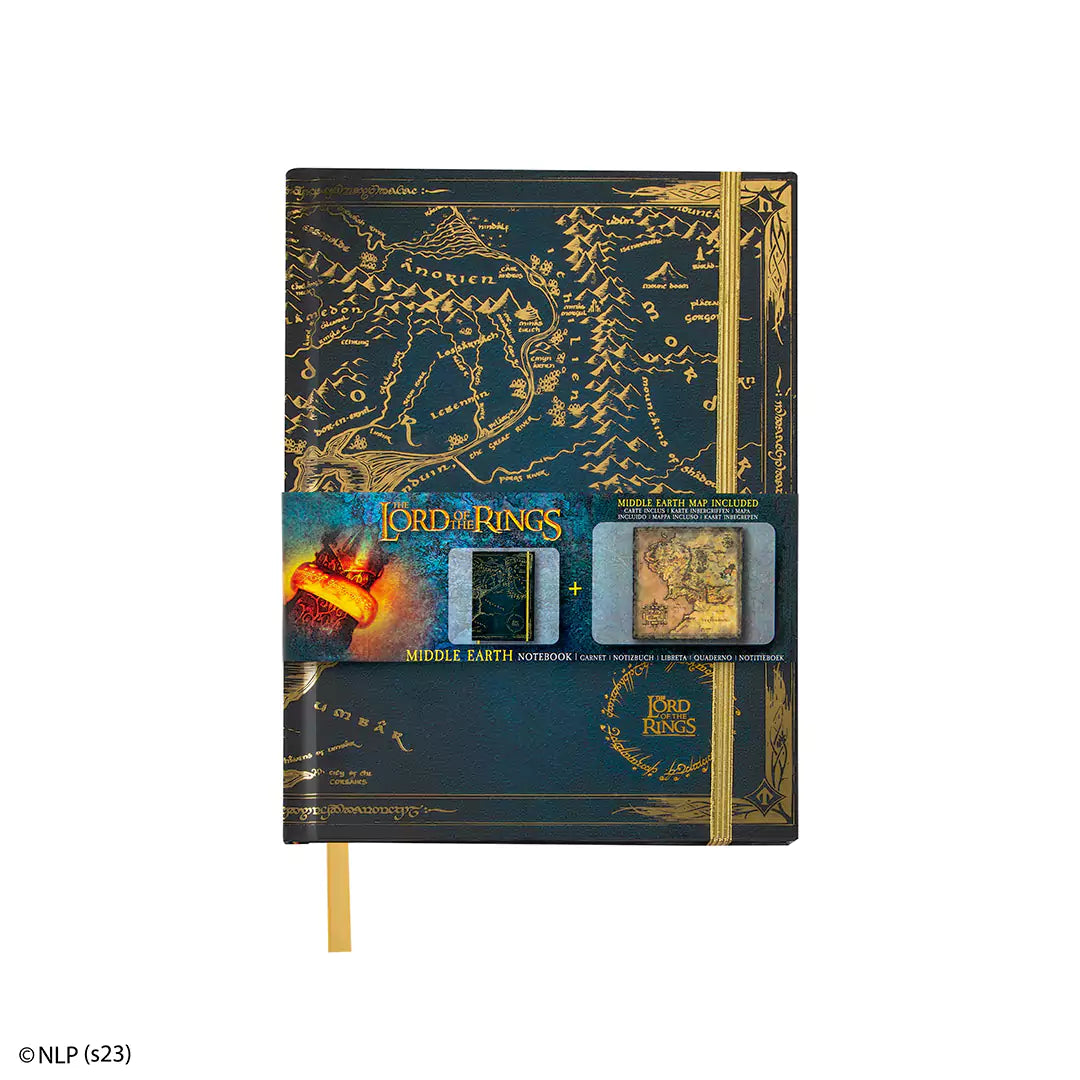 Détails du Carnet rigide Carte de la Terre du Milieu - Le Seigneur des Anneaux, mettant en avant ses 160 pages blanches pour écriture et dessin.