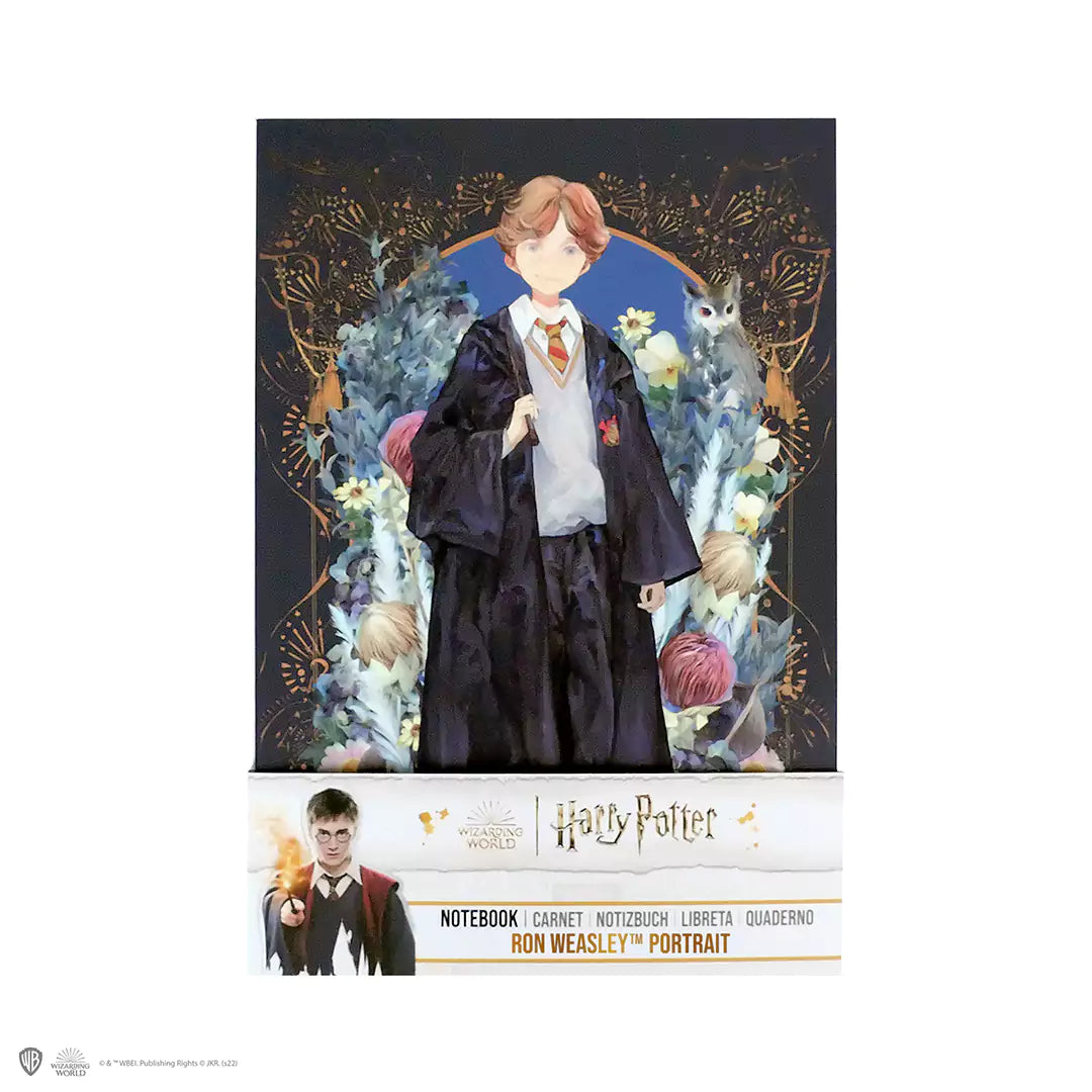 Détails du carnet souple Ron Weasley Portrait, mettant en valeur ses dimensions compactes et sa couverture en papier éco-responsable.