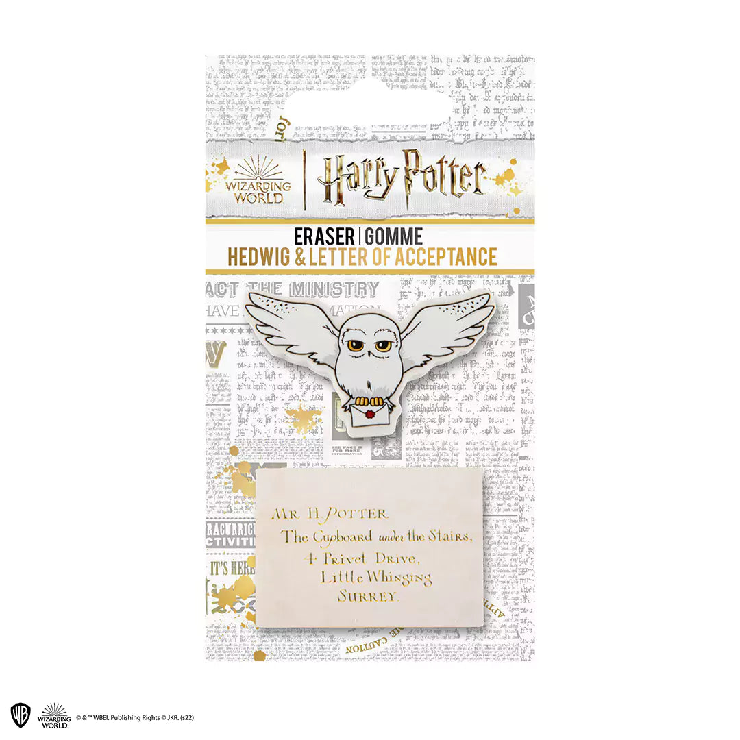 Set de 2 gommes Hedwige et lettre inspiré de Harry Potter, ajoutant une touche magique à vos fournitures scolaires.