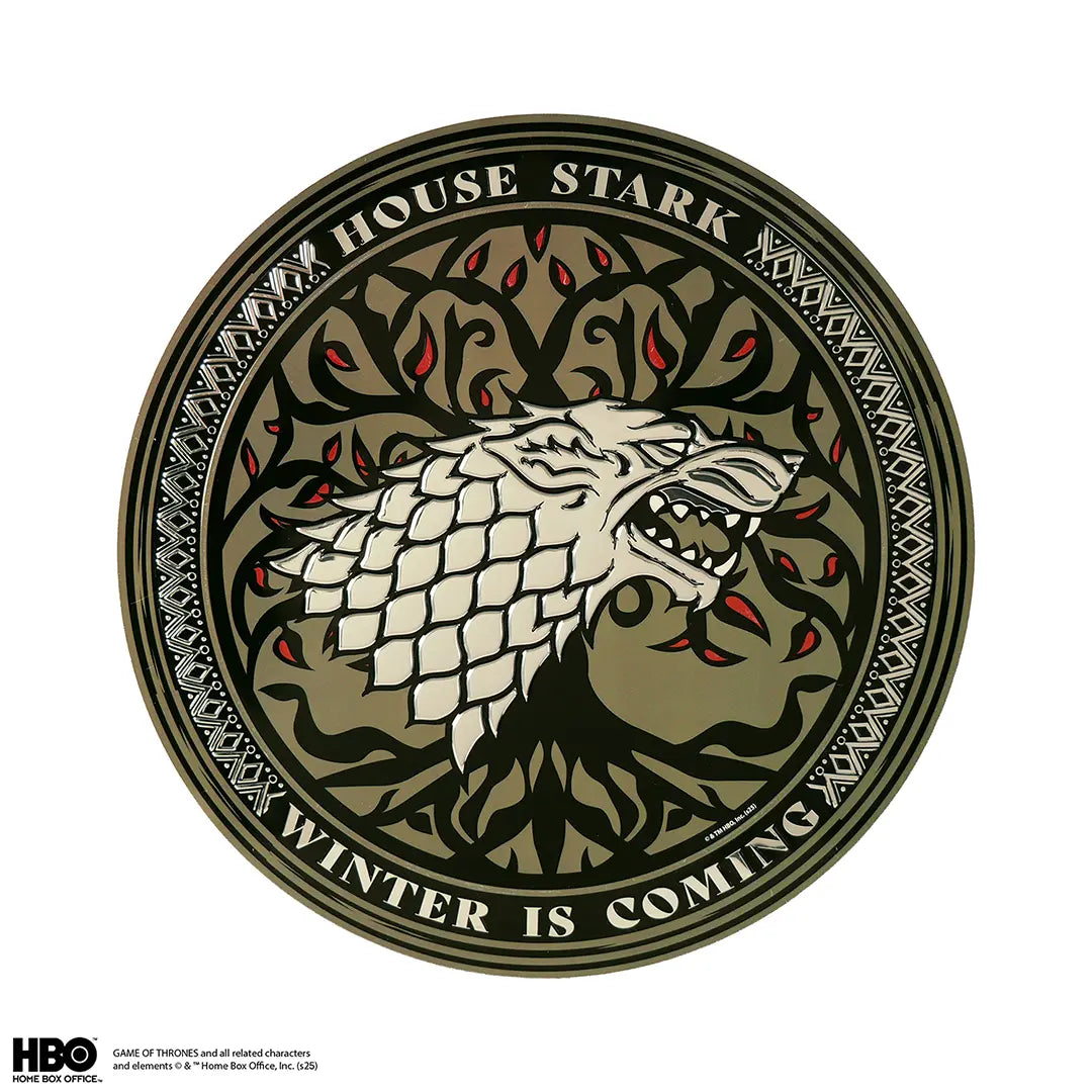 Plaque ronde en aluminium Stark - Game Of Thrones, design élégant avec l'emblème des Stark, un incontournable pour les fans de la série cultes.