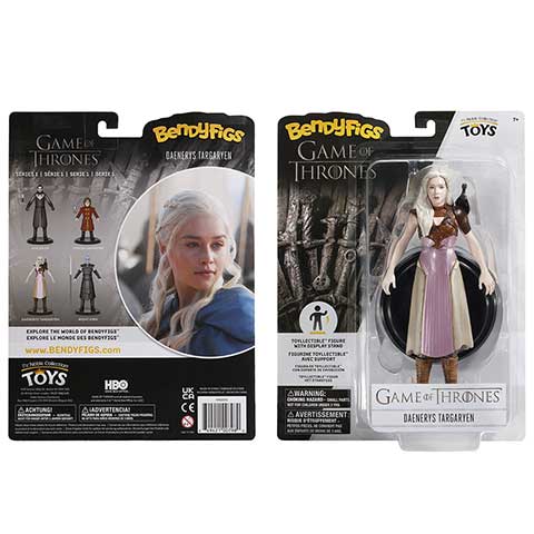 Daenerys Targaryen - figurine Toyllectible Bendyfigs devant un arrière-plan inspiré de Game of Thrones, parfaite pour les fans cherchant une pièce de collection unique.