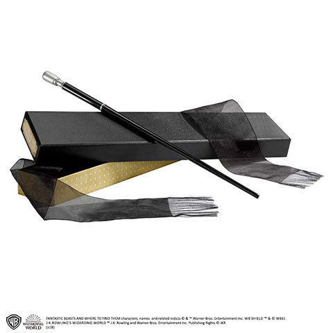 Baguette magique Ollivander Percival Graves - Animaux Fantastiques, un objet de collection intrigant en résine, mesurant 34 cm, présenté dans un luxueux écrin noir au design élégant.
