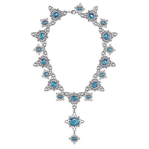 Réplique du collier d’Opale Maudit – Harry Potter, orné de pierres bleues mystérieuses et plaqué argent vieilli, présentant un élégant design vintage.