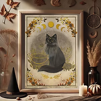 Affiche A5 - Chat Noir et Potions d'Automne, illustration envoûtante de Mihne Creations, avec un chat noir mystérieux entouré de fioles d’automne et de brouillards dorés.