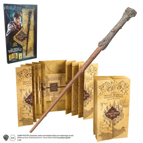 Réplique de la baguette d'Harry Potter accompagnée de la carte du Maraudeur dans un blister, produit par Noble Collection, parfait pour les fans de la saga.