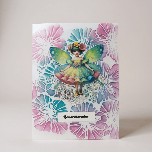 Carte Fée Anniversaire en 3D de La Carterie de Fanny, une œuvre d'art colorée et magique pour célébrer un anniversaire avec élégance.