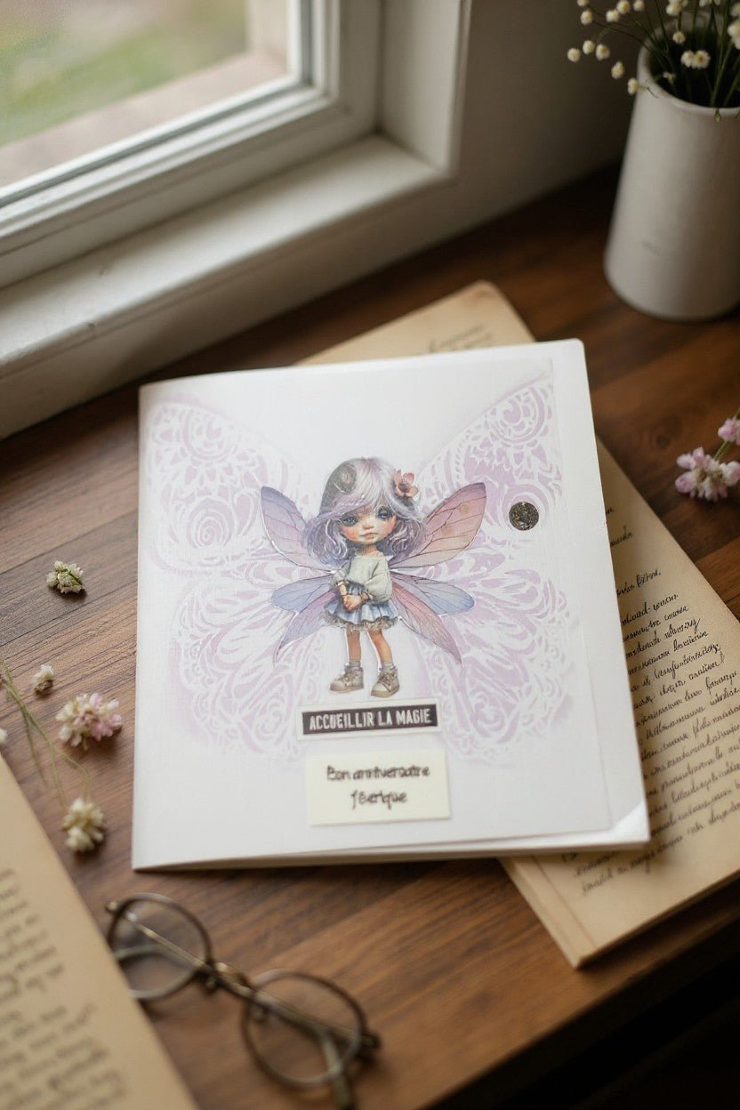Carte Pop-Up “Accueillir la magie” par La Carterie de Fanny, dévoilant une scène féerique 3D colorée et dorée.