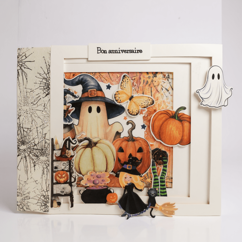 Carte Tunnel Halloween par La Carterie de Fanny, mettant en scène une ambiance féerique avec des citrouilles illuminées et des chauves-souris sur fond de clair de lune.