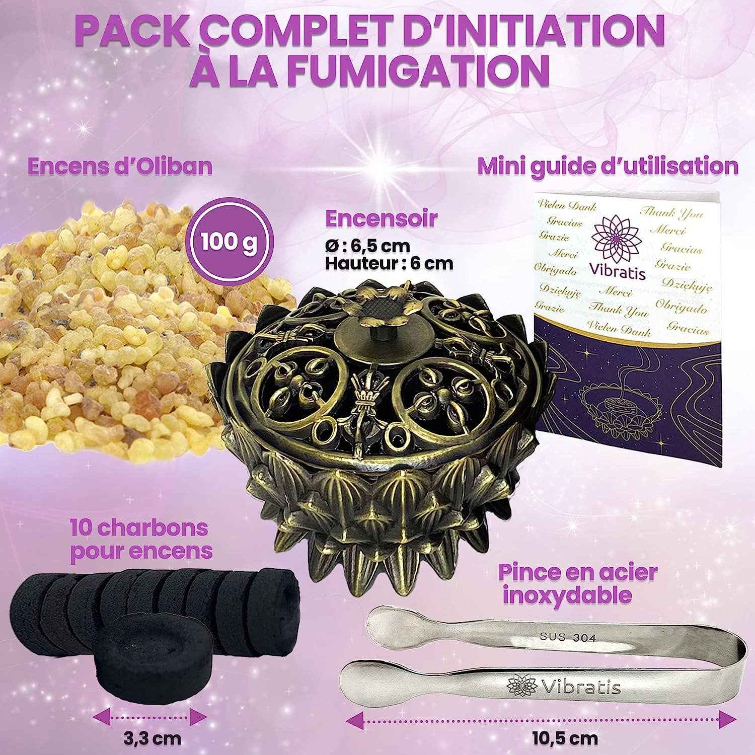 Encensoir moderne inclus dans le coffret de fumigation Vibratis, conçu pour faciliter l'utilisation de l'encens oliban 100g.