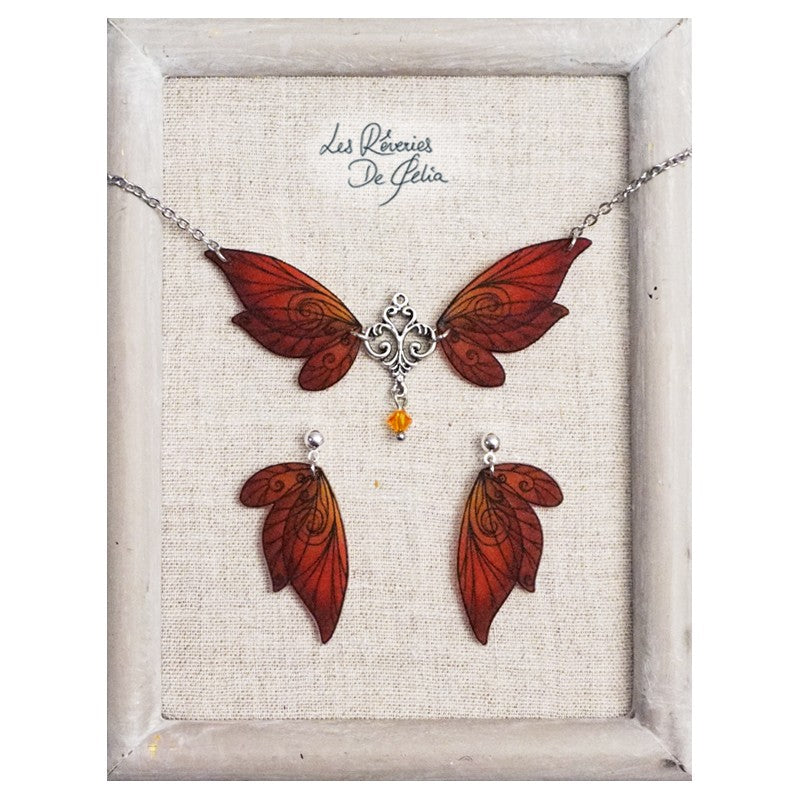 Collier Aldéra et boucles d'oreilles ailes de fée rouge