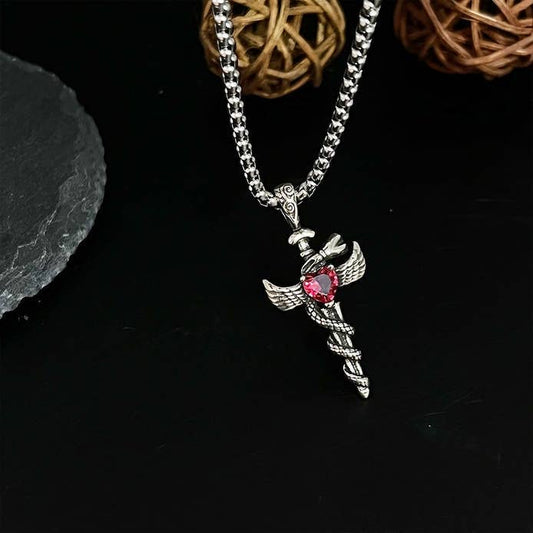 Collier Angel Sword pour homme de GemMeet, un bijou élégant et mystique, en cuivre argenté de 55 cm, symbole de courage et d'audace.