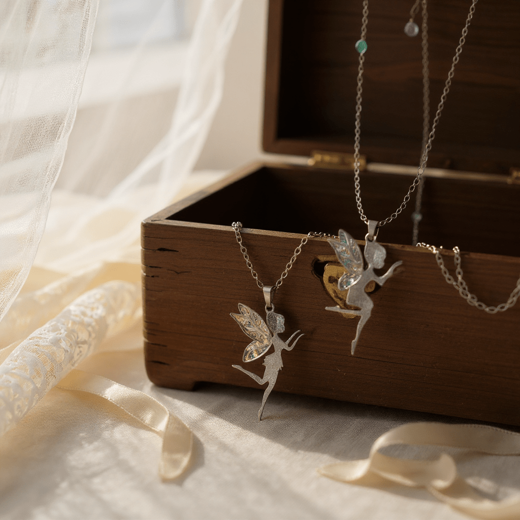 Collier fée élégant en acier inoxydable avec cristaux Swarovski, conçu par Jessica Deelyah, illuminant chaque mouvement avec des ailes colorées et une touche de magie.