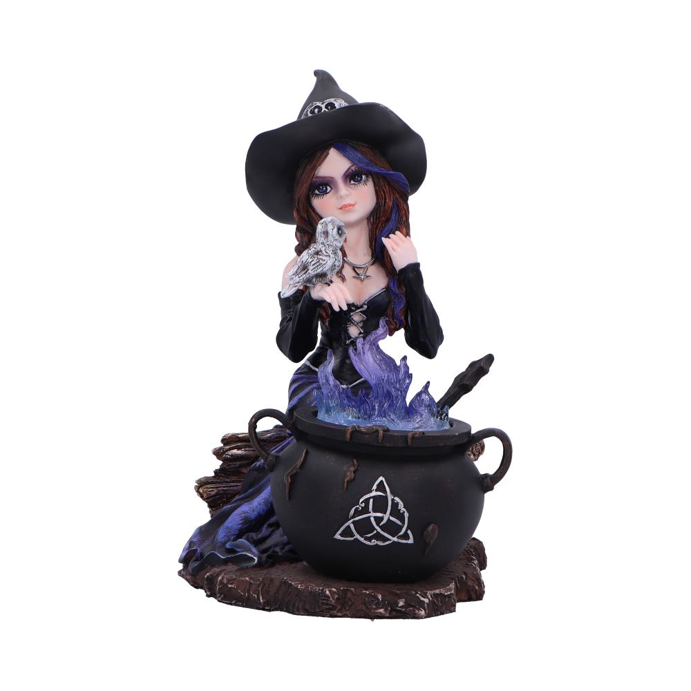 Figurine de sorcière Alvina avec hibou et chaudron