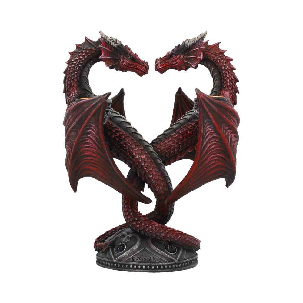 Bougeoir romantique Dragon Heart d'Anne Stokes, créé par Nemesis Now, représentant deux dragons cramoisi se regardant amoureusement, parfait pour la Saint-Valentin.