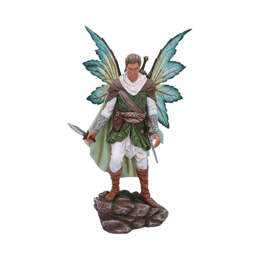 Figurine Fée Caspian 40cm de Nemesis Now, représentant un guerrier elfique élégant avec des ailes aux couleurs de la forêt, armé d'une épée et d'une dague, idéale pour les passionnés de fantasy et de nature.