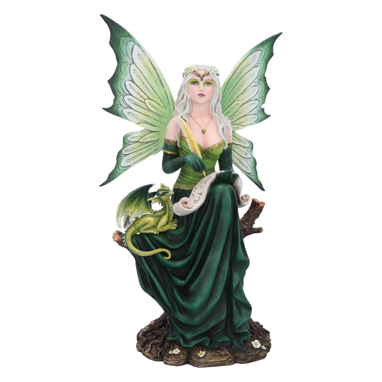 Figurine de la fée Giada de Nemesis Now, mesurant 49.5 cm, illustrant sa silhouette délicate perchée sur une branche, tenant un parchemin et une plume, accompagnée d'un petit dragon, ajoutant une touche de magie à votre décoration.